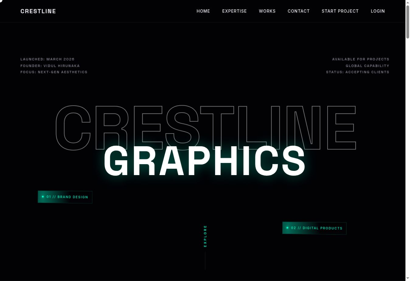 Crestline Graphics homepage screenshot: A visually distinctive web system for a graphics agency, combining brand presentation, selected work, project enquiries and authenticated client-facing workflows