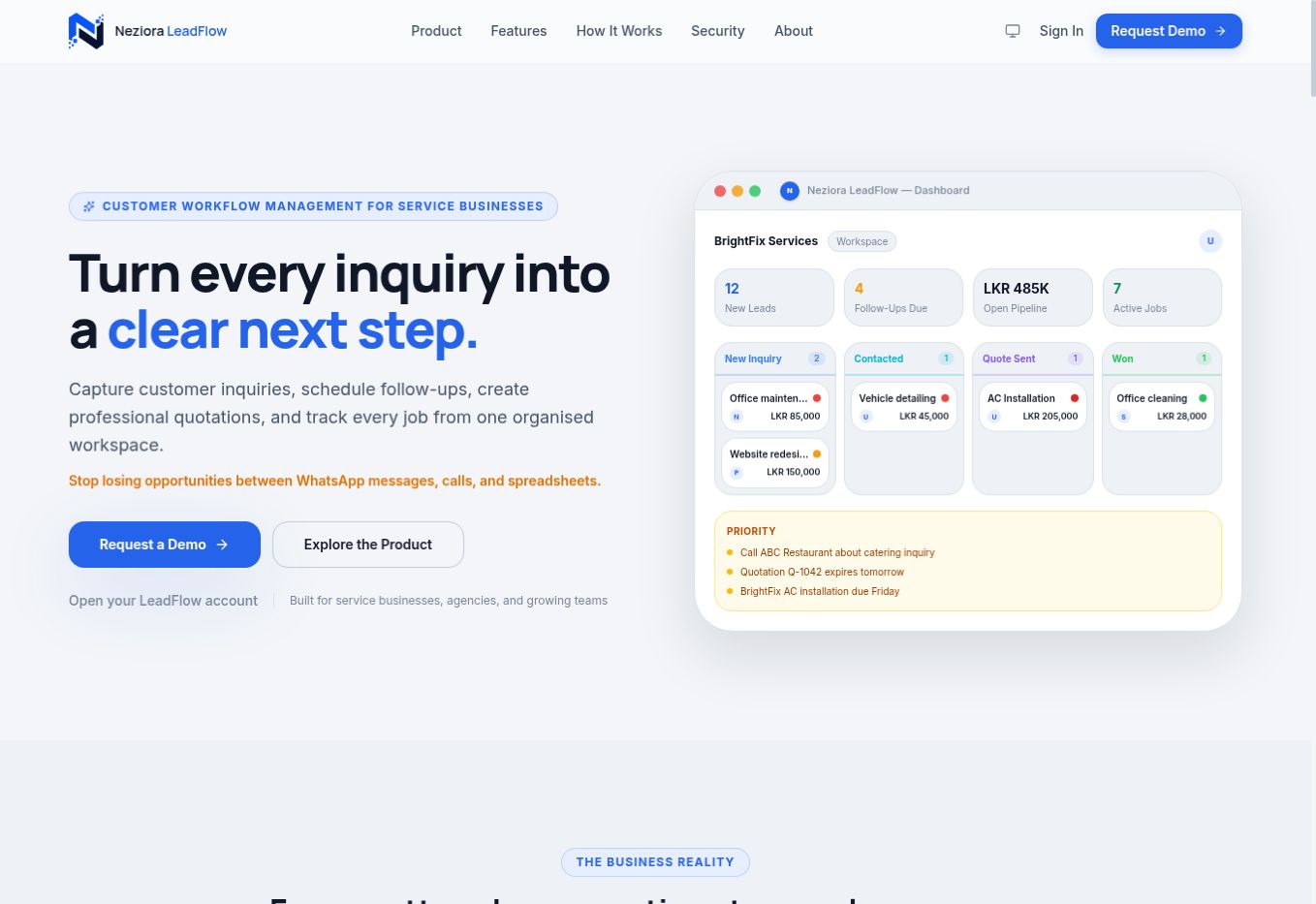 Neziora LeadFlow homepage screenshot: A customer-workflow platform for service businesses, connecting inquiries, follow-ups, quotations, customers and active jobs in one private workspace