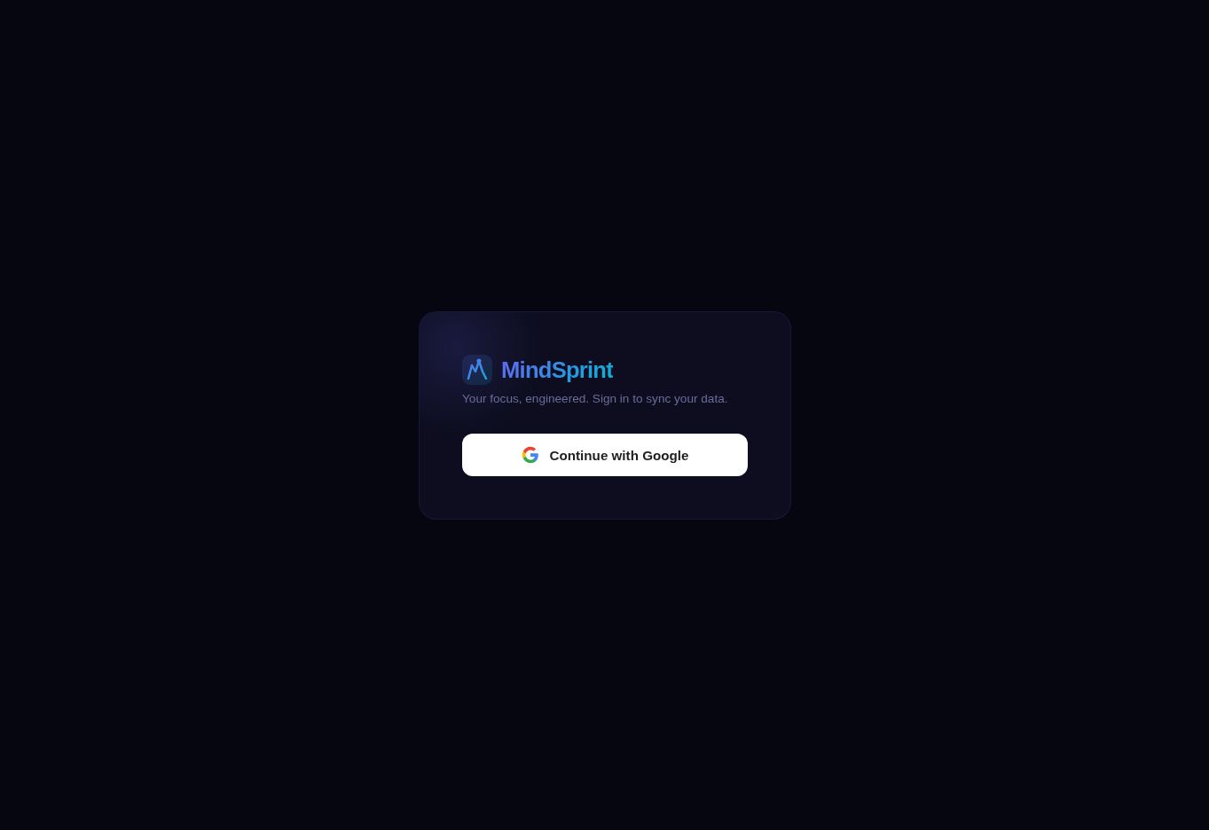 MindSprint homepage screenshot: A study-oriented platform engineered for focused work, personal study sessions and progress that can be synchronized through a Google account