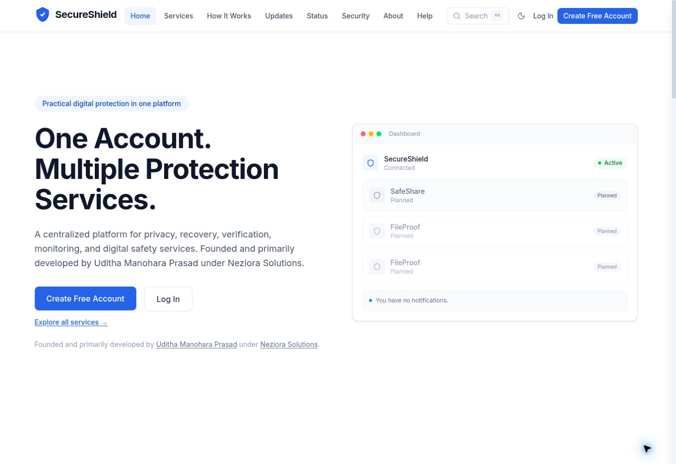 SecureShield homepage screenshot: A centralized platform designed to bring privacy, recovery, verification, monitoring and digital-safety services together under one account